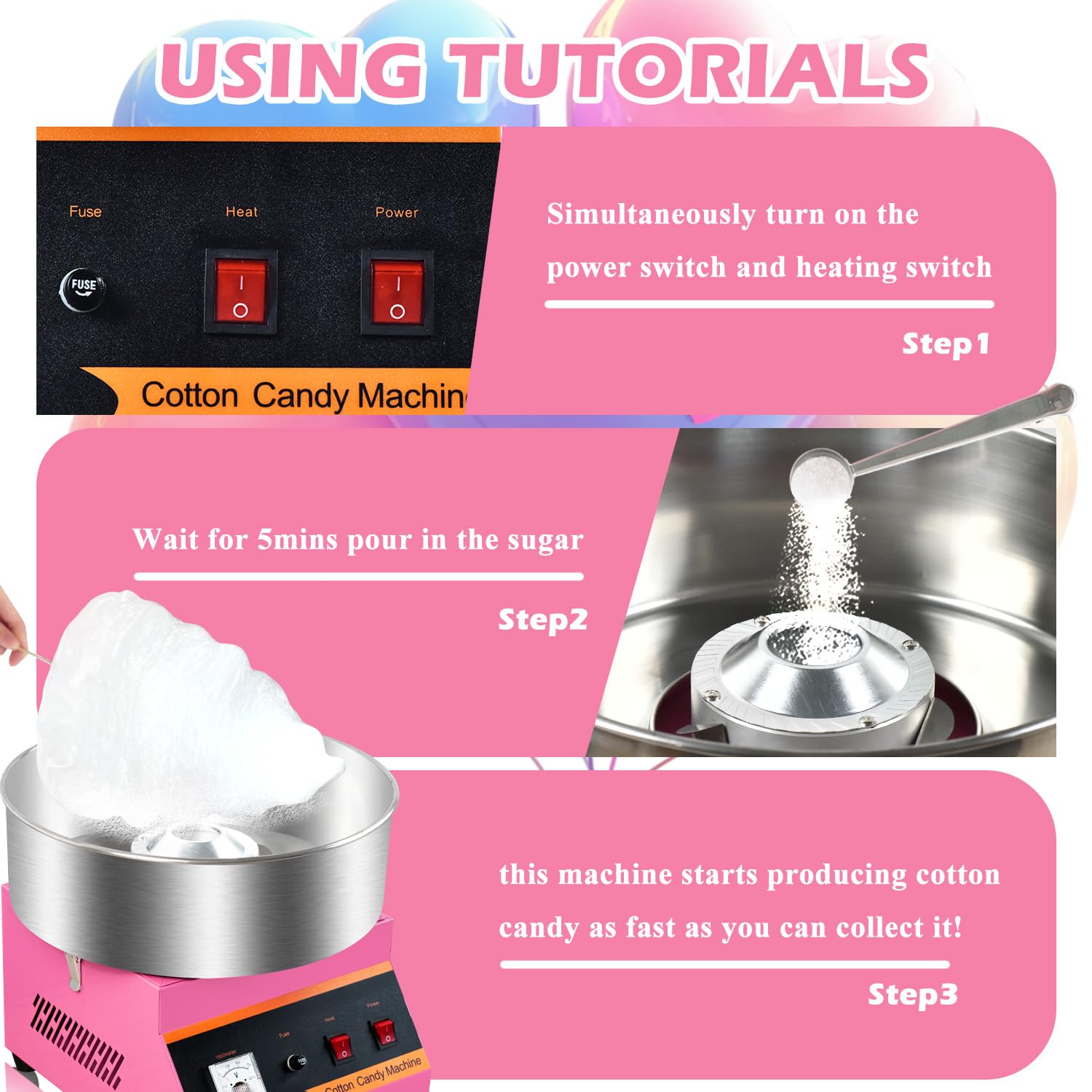 110V1000W Electric Commercial Pink Cotton Candy Machine, 15 Inch Stainless Steel Large Bowl, Dual Switch, Easy to Operate, Fast Candy Production, 3-4 pieces per minute