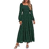 PRETTYGARDEN Wedding Guest Dresses for Women Floral Long Sleeve Smocked Tiered Elegant Long Flowy Boho Dress