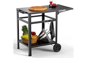 inkmin Outdoor Grill Cart Pizza Oven Table Stand Double-Shelf Trolley Movable BBQ Cart Stainles Commercial Multifunctional Kitchen Food Prep Worktable Portable Dining Cart Patio Bar Table