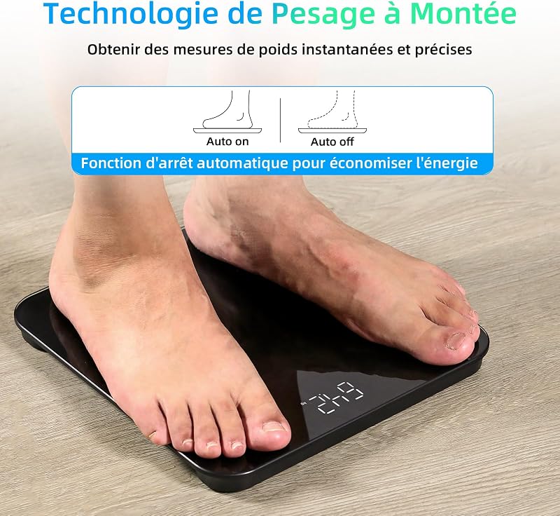 Balance Pese Personne Numérique, Haute Précision avec Affichage Lumineux, Technologie Step-On 5mm Verre Trempé, Haute Précision à 180kg/ 400lb