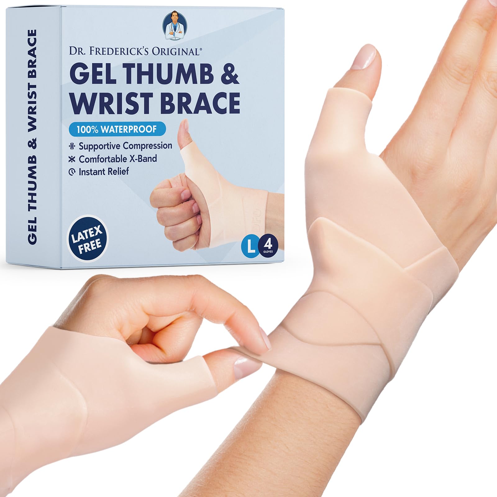 Dr. Frederick's Original Waterproof Thumb & Wrist Brace - 4 ct - Hand Brace for Arthritis, Tendonitis, Carpal Tunnel & Trigger Thumb - Doctor-Developed Spica Splint - Fits Left & Right Hand - Large