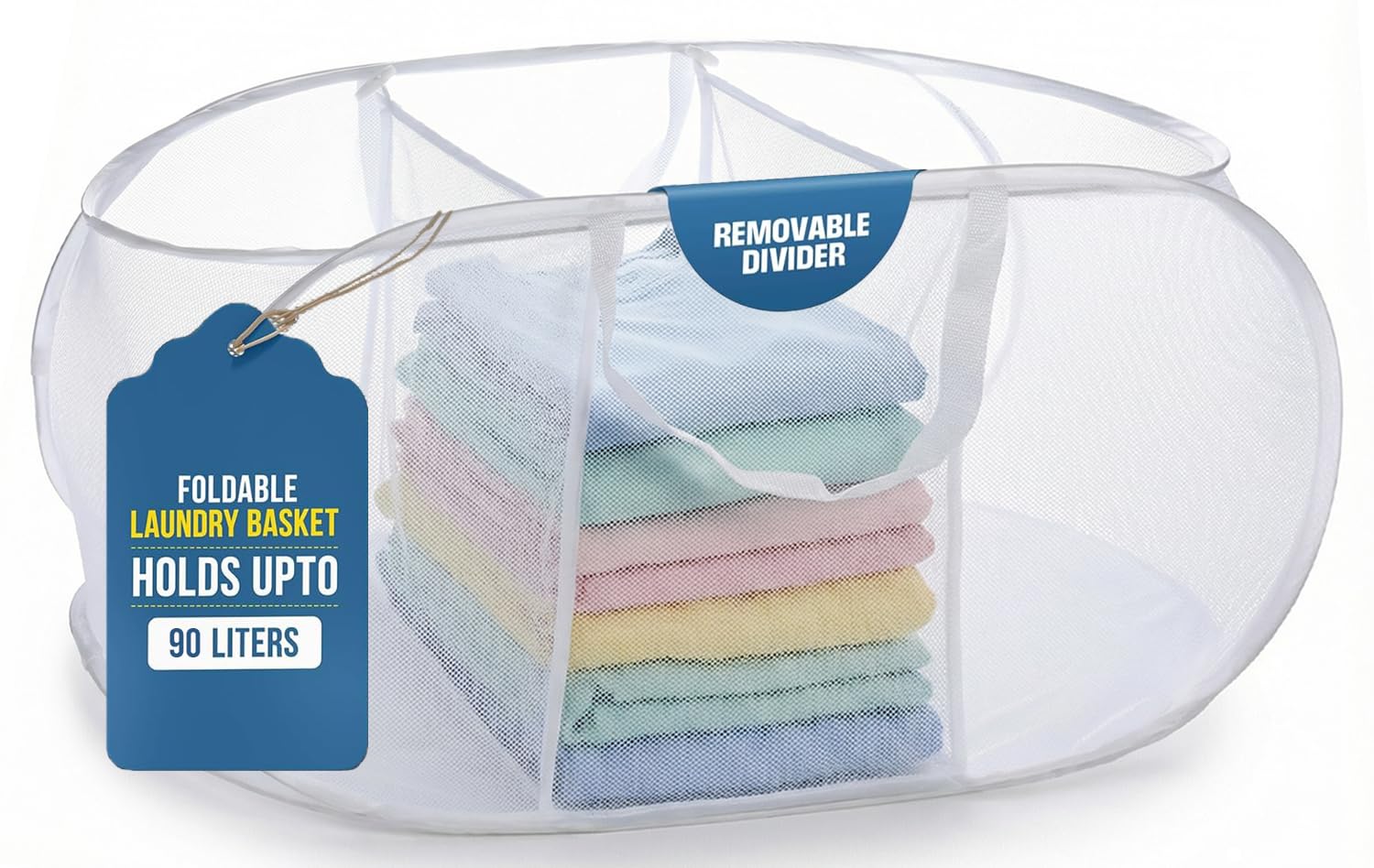 Handy Laundry Foldable Laundry Basket - Popup and Collapsible, Durable Mesh Material, Easy Carry Handles. Great Hamper for College Dorm, Laundry Room or Travel. (White | 3-Compartments)