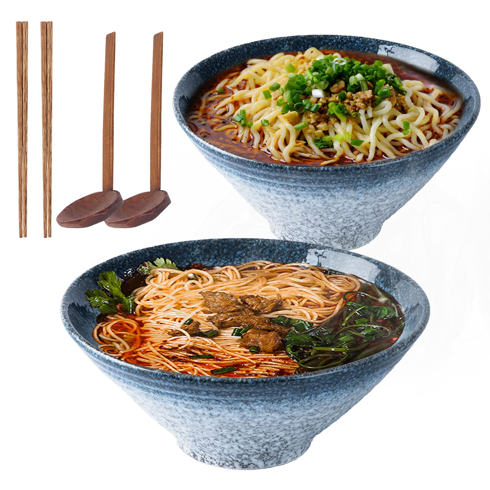 Lanbent 9 Inch Ceramic Japanese Ramen Noodle Soup Bowl, 2 Sets (6 Piece) 1600ml Multi Purpose Bowl with Matching Spoon and Chopsticks, for Instant Noodles, Soup, Noodle, Pho, Udon and Soba (Blue)