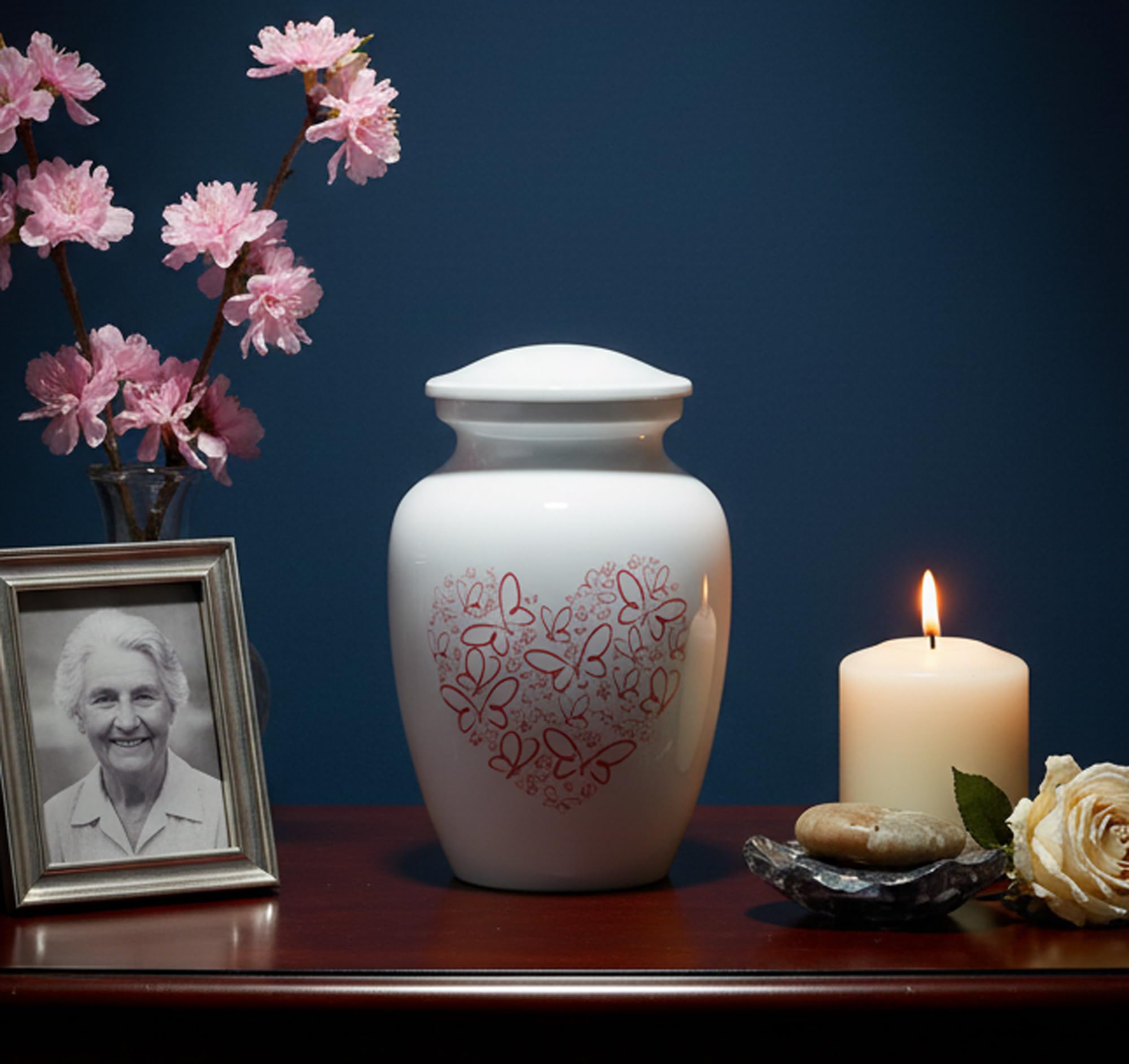 eSplanade Metal Cremation Urn for Funeral Ashes - Memorial Jar Pot Container With Butterflies Print | Medium Size 6" White-Red