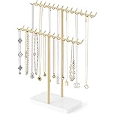 Mkono Necklace Holder Organizer Metal Jewelry Display Stand 2 Tier Bracelet Hanger Gold Tree Tower Rack with Tary for Storage Bangles and Earrings Gift for Women Bedroom Dressing Table Decor