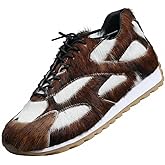Women's Genuine Cow Hair Sneakers Natural Fur Chunky Calf Hair Dad Shoes Western Y2K Platform Casual Walking Cowhide Shoes Retro Thick Sole Cushioned Trainers Brown White