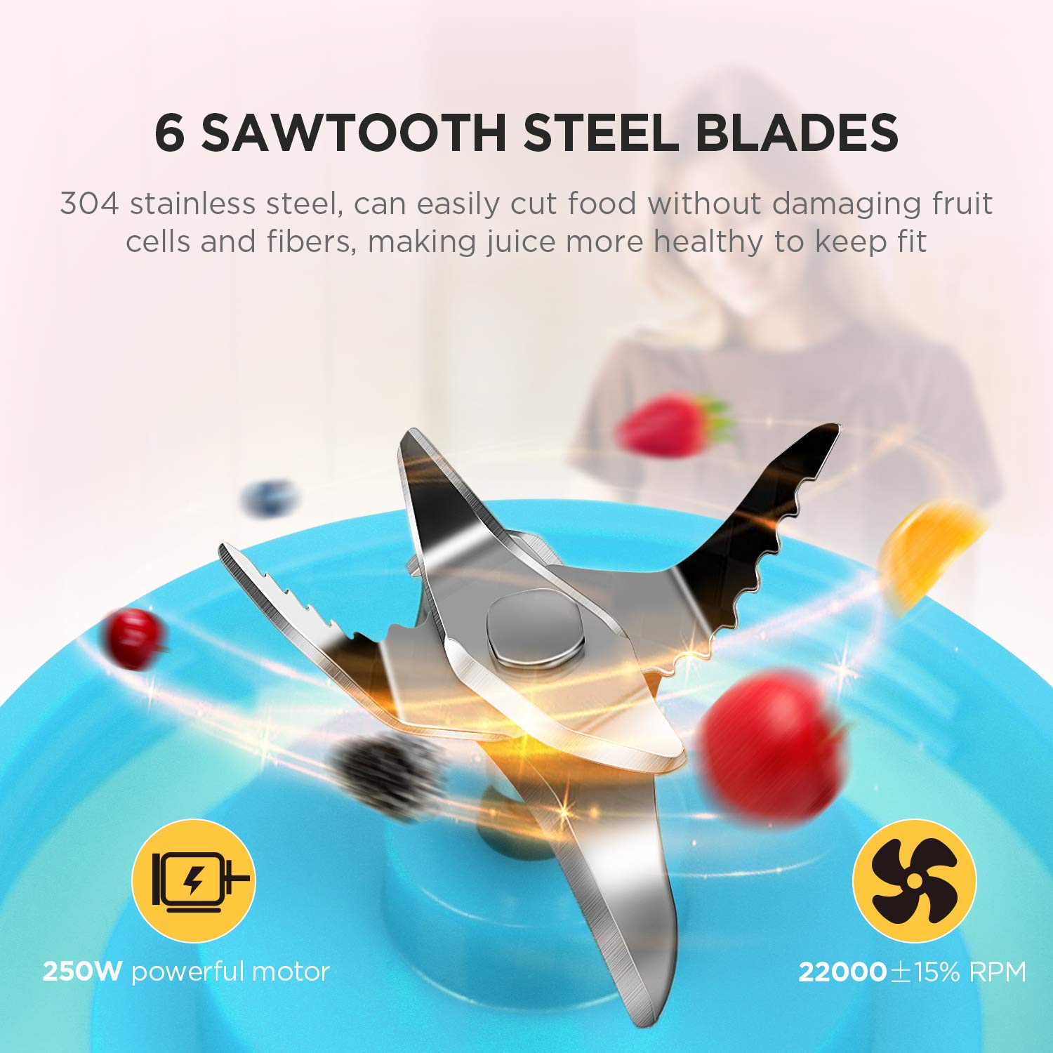 Portable Blender, Olivivi 2019 Mini Cordless Personal Blender for Shakes and Smoothies, Usb Rechargeable Small Protein Travel Blenders with Six Blades in 3D, 4000mah Batteries and 12.86oz Fruit Mixing Juicer Cup at Hom, Picnic, Office and S