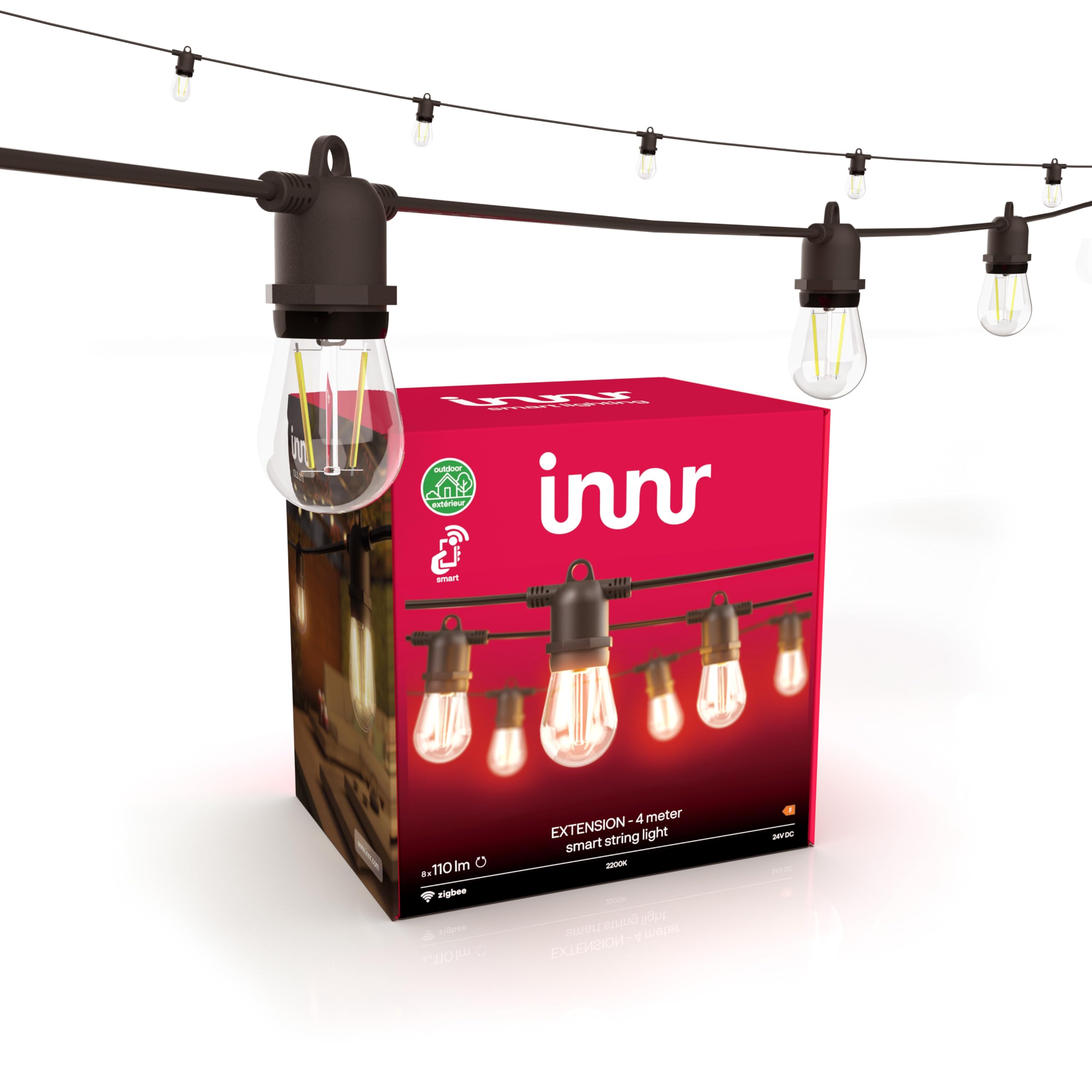 Innr Smart LED Festoon Lights Outdoor, 4m Extension, Warm White, Garden String Lights, 8 Smart Light Bulbs, IP65 Waterproof, Dimmable (OLS 210 Base Set Required)
