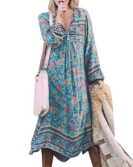 Femme Bohémien Robe De Plage Moussline De Soie Imprimé