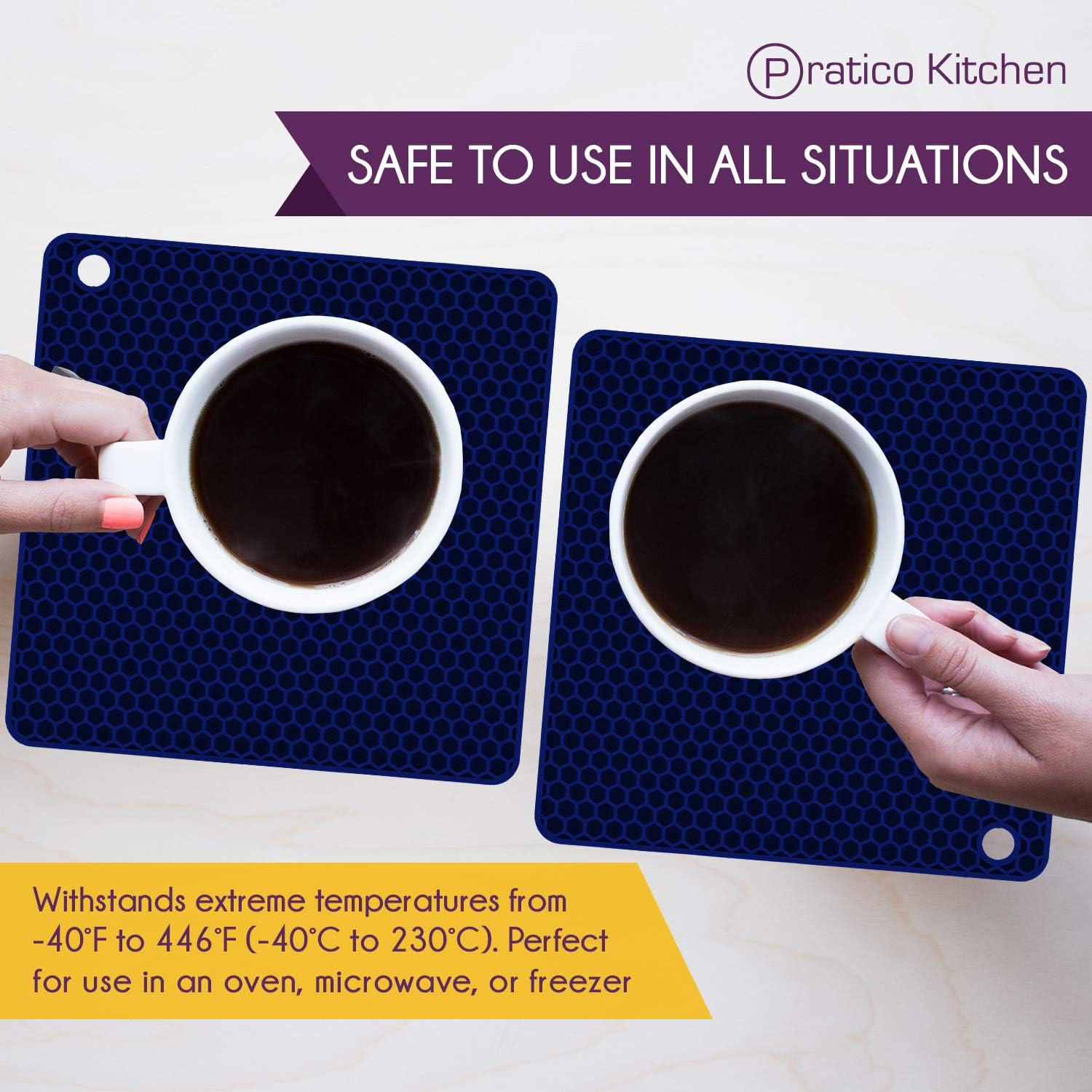 Pratipad PLUS 4-in-1 Multipurpose Silicone Pot Holders, Trivets, Jar Openers, Spoon Rests - Extra Thick Protection - Set of 2 Navy Blue: Office Products