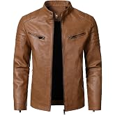 HOOD CREW Men&rsquo;s Faux Leather Motorcycle Jackets Stand-up Collar Leather Jacket Vintage Coats Outwear