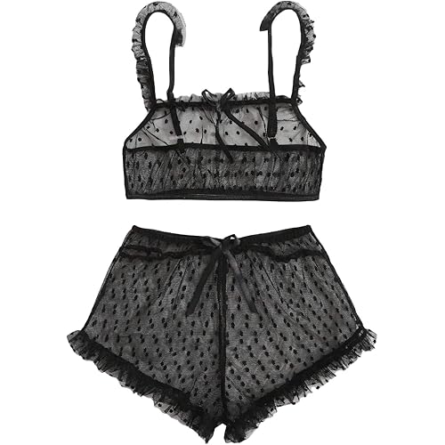 WDIRARA Women's Sexy Polka Dots Mesh Frill Spaghetti Strap Lingerie Set