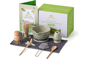 Ochcahser Japanese Matcha Set, Matcha Bowl with Spout and Coaster, Matcha Whisk and Holder, Sifter, Scoop, Spoon, Cleaning Brush,10 Pcs Complete Ceramic Matcha Kit