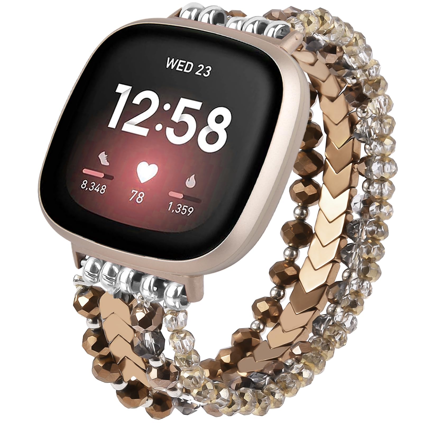 VISOOM Straps Compatible With Fitbit Versa 3/Fitbit Sense, Dressy Elastic Stretchy Replacement Wristband Arrow Beaded Bracelet Band For Fitbit Versa 4/Versa 3/Fitbit Sense 2/Sense Straps,Coffee