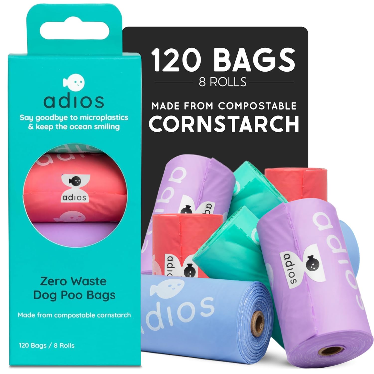 Adios - Compostable Dog Poop Bags, 120 Count (8 Rolls) - Rainbow Colours - Extra Thick, Leakproof, Odour Proof Dog Waste Bags - Made from Compostable Cornstarch - Easy Tear Rolls