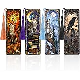 Zaamwoyy 4 Pcs Fantasy Animal Bookmarks Gifts for Reading Women, Stained Glass Transparent PVC Book Marks with Tassels, Cute Black Cat Design Gift, Cool Book Accessories for Book Lovers Bookish