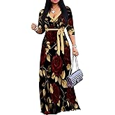 Sekuhu Women's Maxi Dress 3/4 Sleeve Wrap Casual V Neck Floral Print with Belt