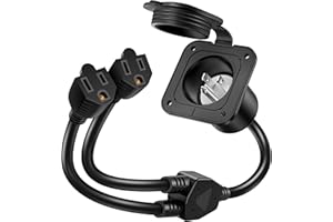 BUMBEE 15 Amp AC Port Plug,125V Power Inlet Socket with Dual 18-inch 14AWG Splitter Extension Cord, Waterproof Cover Shore Power Inlet Plug for RV Boat Electrical Connections
