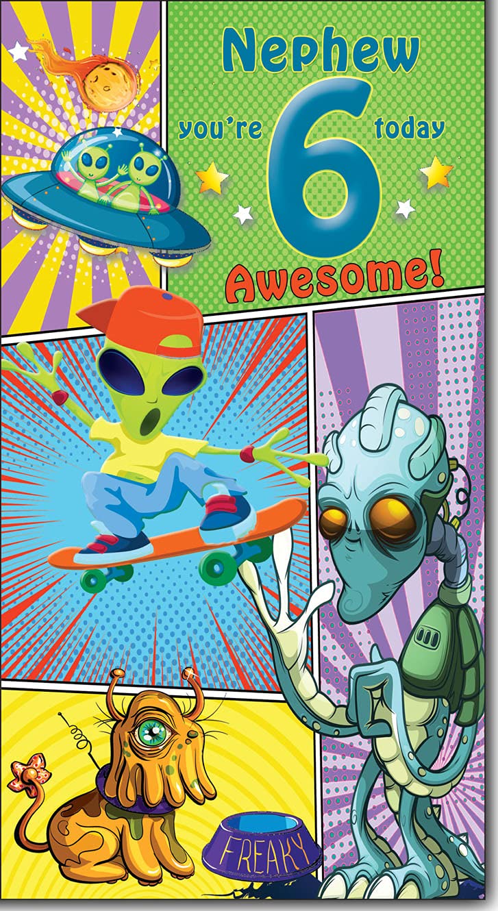 Nephew 6 Today - Happy Birthday Awesome 6th Greeting Card with Lovely Verse - Outer Space, Aliens, UFO, Skateboard, Comic Art - Wee Nippers by Cardigan Cards (7536B)