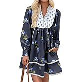 Wenrine Womens Casual Floral Mini Dress 2025 Fall Long Sleeve V Neck Patchwork Loose Boho Shirt Dresses