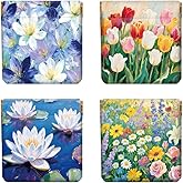 Peacoblue 4Pcs Small Leather Squeeze Coin Purse for Women-Oil Painting Flowers Pattern Waterproof & Durable Snap Closure Change Pouch Mini Money Wallet Bag for Adult Teen Girls Best Gift