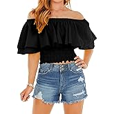 Hibluco Womens Off Shoulder Tops Ruffled Crop Top Smocked Waist Blouse Summer Tops