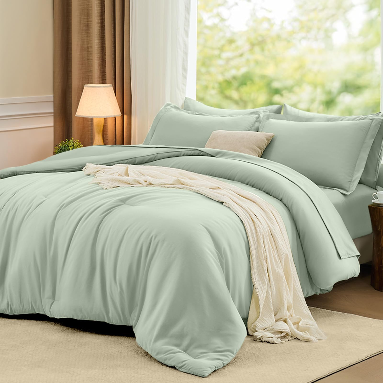 Photo 1 of FUANNA Queen Comforter Set Sage Green, 7 Pieces Soft Bedding Sets Queen Size, All Season Lightweight Bed in a Bag with Comforter, Flat Sheet, Fitted Sheet, Pillowcases & Shams