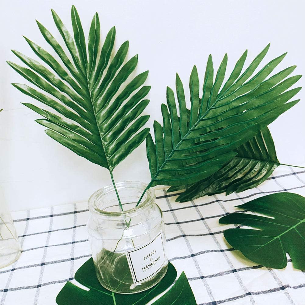 AerWo 36pcs 3 Kinds Artificial Tropical Palm Leaves Safari Leaves Large Green Faux Monstera Leaves for Hawaiian Luau Party Supplies, Aloha Jungle Beach Birthday Leave Table Decorations