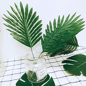 AerWo 36pcs 3 Kinds Artificial Tropical Palm Leaves Safari Leaves Large Green Faux Monstera Leaves for Hawaiian Luau Party Supplies, Aloha Jungle Beach Birthday Leave Table Decorations