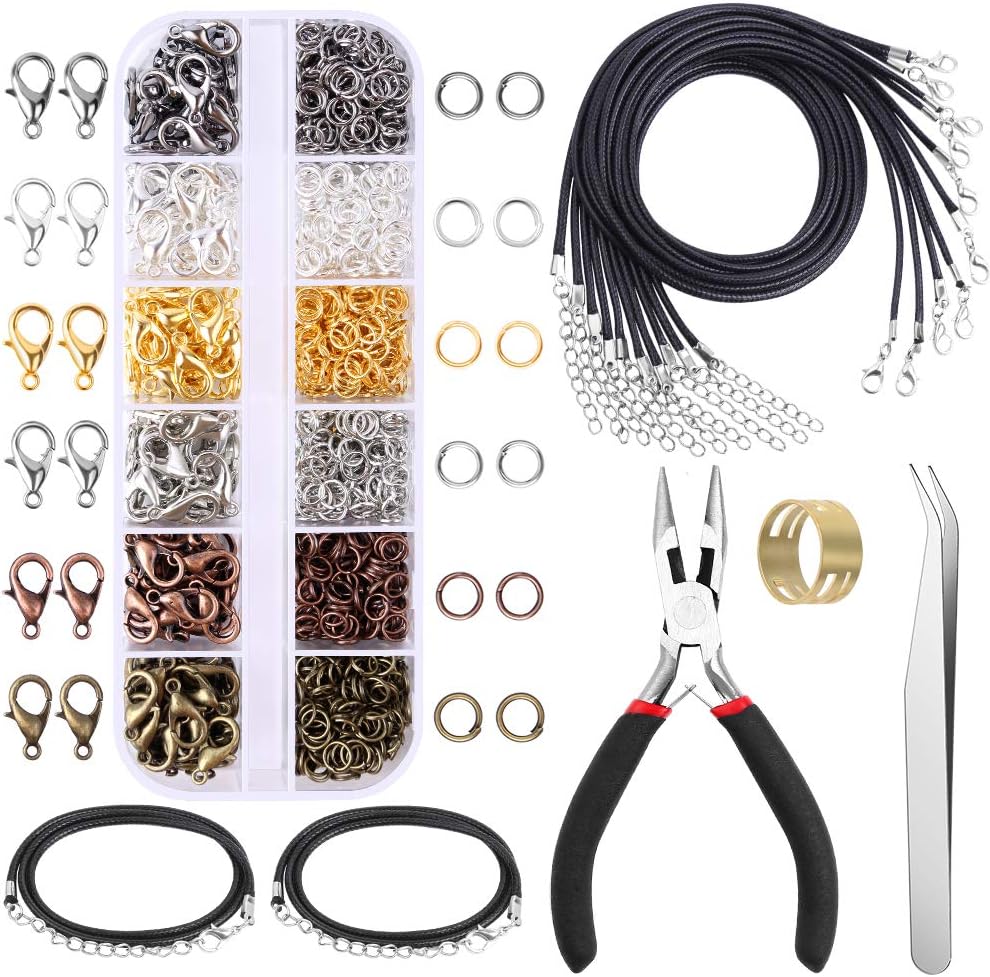 YBLNTEK 1050 Pcs Jewelry Jump Rings Lobster Clasps Necklace Repair Kit with Jewelry Pliers, Brass Jump Ring Opener, Black Waxed Necklace Cord for Jewelry Making Repair
