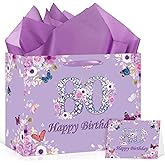 Large 80th Birthday Gift Bag for Women Fancy Purple Flower&Butterfly Happy Birthday Bags with 80th Birthdays Card Purple Tissue Wrapping Paper Bag for Mom Women 80 Years Old Birthdays Party Decoration