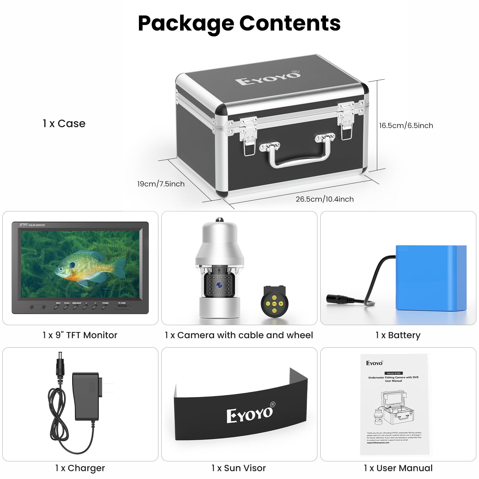 Eyoyo Underwater Fishing Camera Video Fish Finder DVR Function 9 inch Large Color Screen 360° Horizontal Panning Camera 1000TVL w/ 18 Infrared IR Lights 30M Cable for Lake Sea Boat Ice Fishing