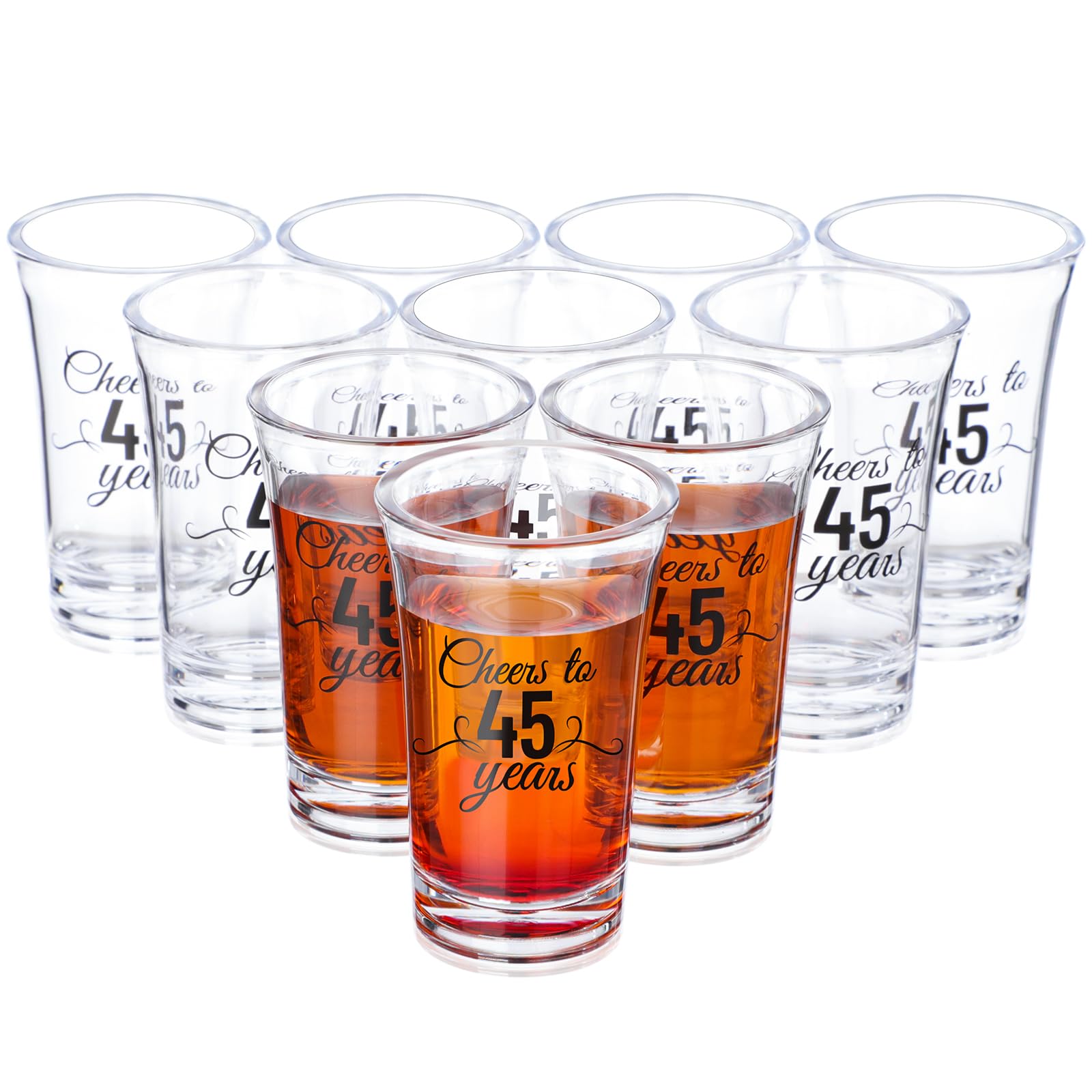 Photo 1 of Sliner 48 Pack Birthday Shot Glasses Bulk 1.4oz Cheers to 30/40/50/60/70/80 Years Shot Glass Unbreakable Thick Base Mini Clear Plastic Wine Glass Anniversary Favors for Guests(Black,45 Years)