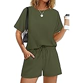 WIHOLL Women's 2 Piece Lounge Sets Short Sleeve T-Shirt and Drawstring Shorts Casual Pajamas Vacation Outfits with Pockets