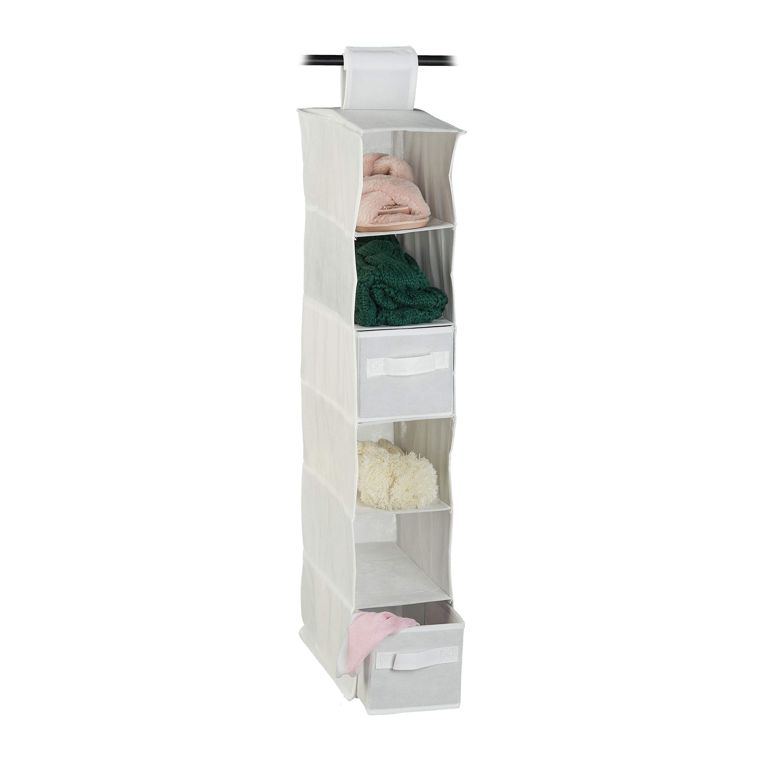 Relaxdays Fabric Hanging Shelves, 6 Compartments with 2 Drawers for the Closet, Foldable, Size: 82 x 14.5 x 30 cm, White