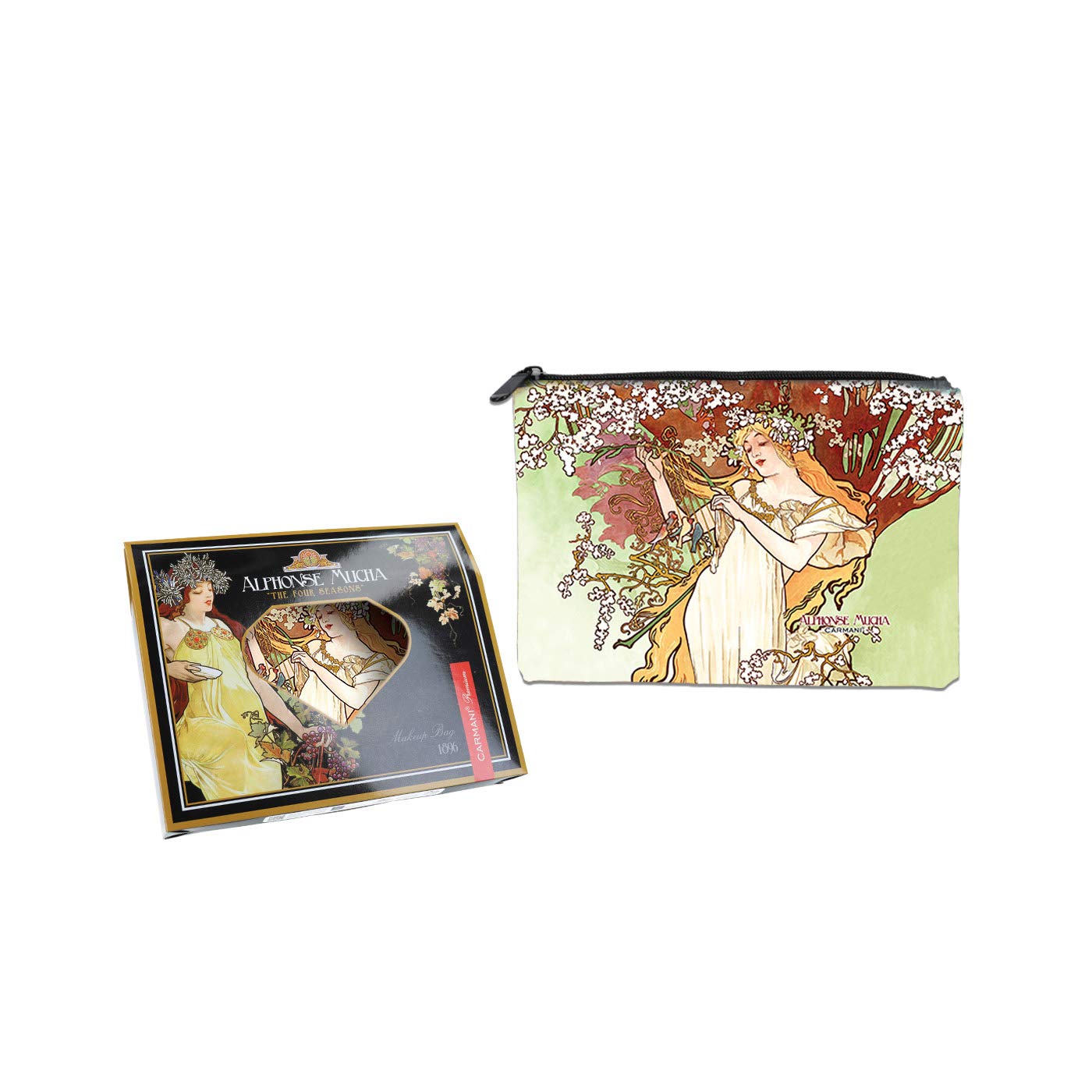 CARMANI - Medium Ladies Makeup Bag, Travel Pouch, Handbag Organizer, Cash Coin Purse, Multifunction Toiletry Storage Pouch for Women with Alphonse Mucha "Four Season Spring"