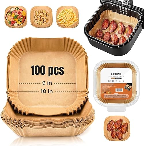Roe Tenpo Air Fryer Liners Disposable, 9 Inch 100pcs Square, Non-Stick, Heat Resistant, Food Grade Parchment Baking Paper, Compatible with COSORI, Ninja, Tower, Tefal, Philips (9 Inch 100pcs Square)