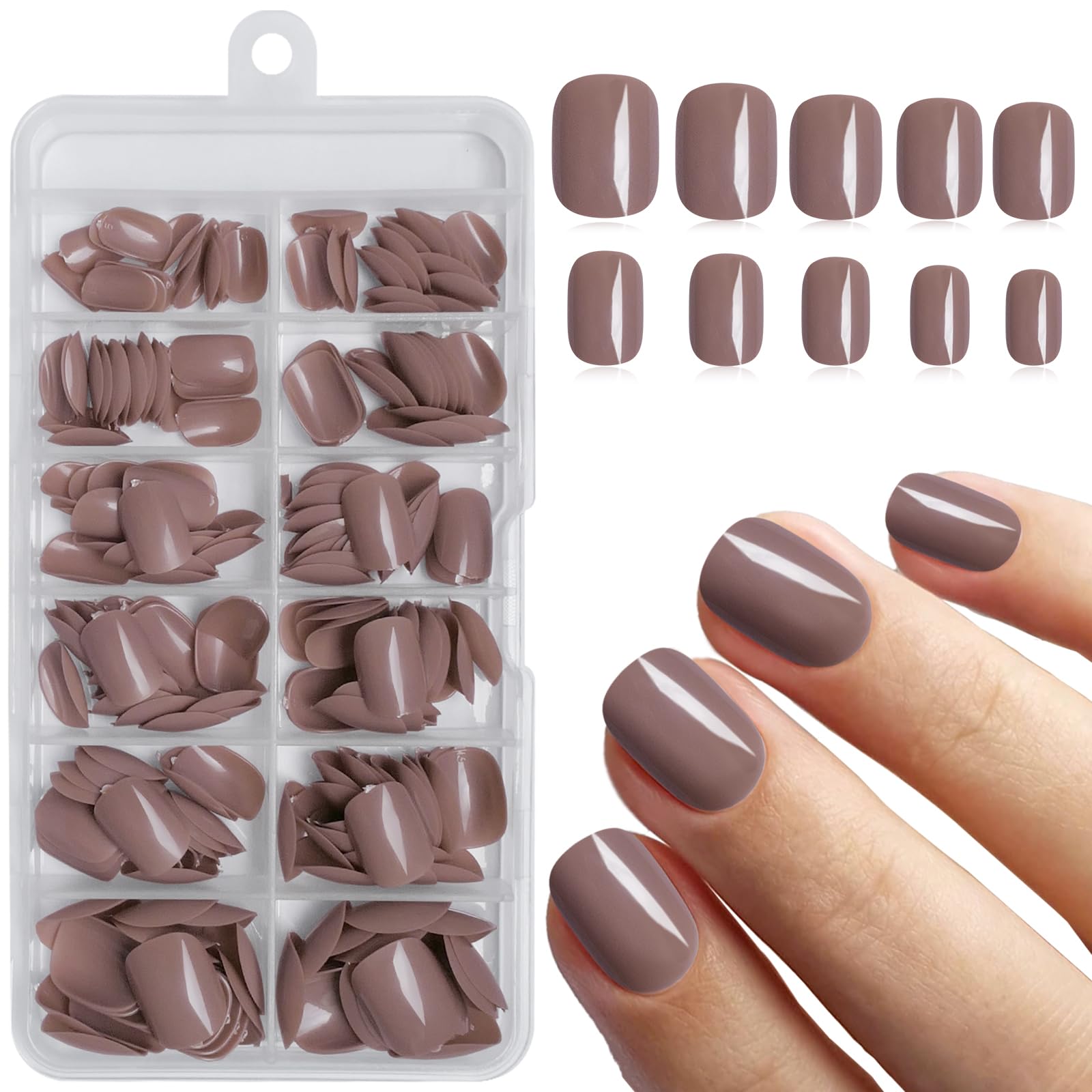 LoveOurHome 240PC Square Press on Nails Short Fake Nail, Short Press on Nails Square Coffee Glue on Nails Full Cover Artificial Fingernail Girls Kids XS Acrylic Nail Press Nail with Adhesive Tabs