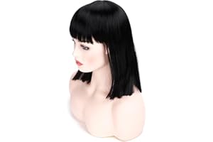 morvally Short Straight Black Wig with Bangs Natural Looking Heat Resistant Hair Cosplay Costume Wigs (14 inches Natural Black)