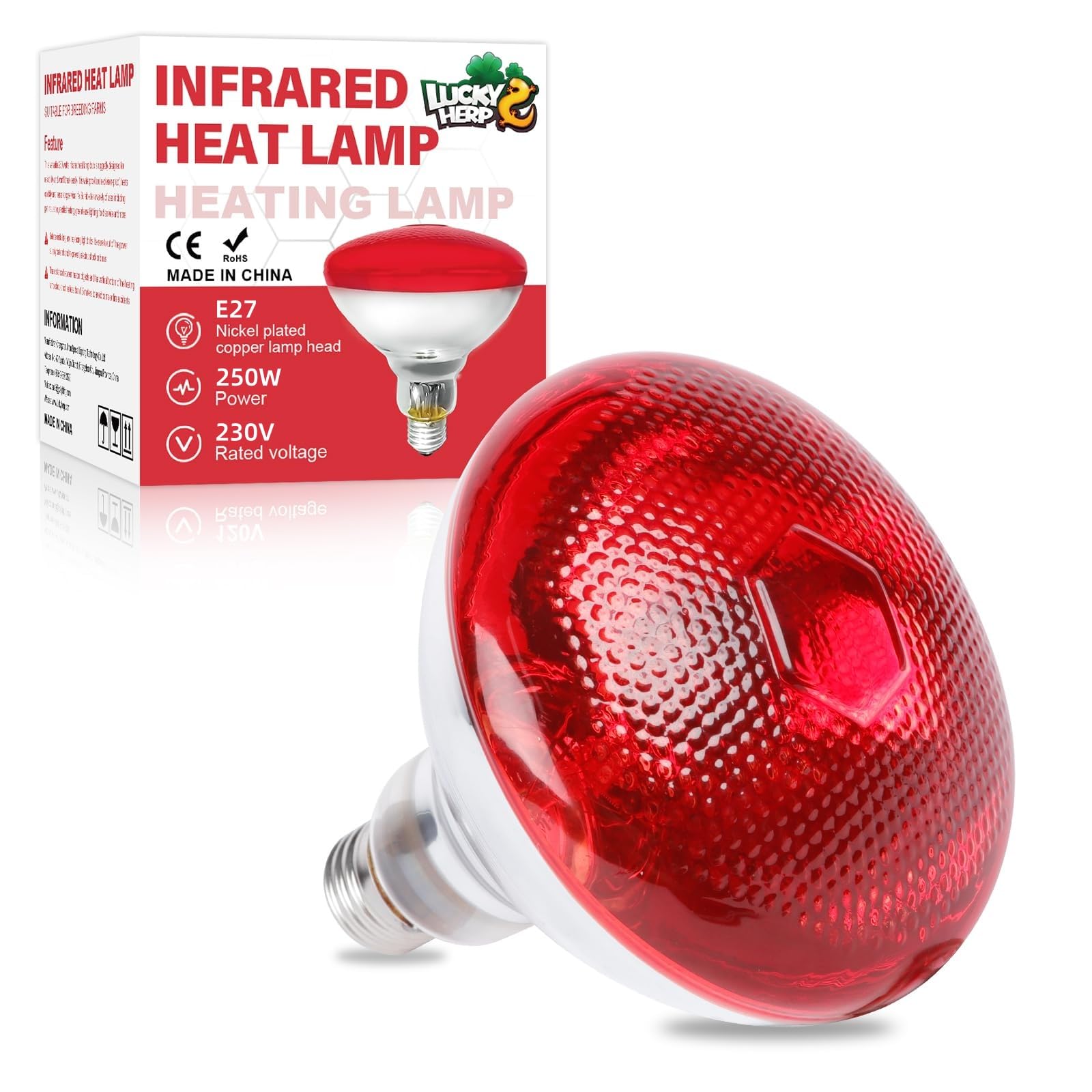 LUCKY HERP Infrared Heat Lamp Bulb, 250W Chicks Infrared Red Heat Lamps, Reptile Heat Light for Chicks, Dogs, Puppies, Cats, Pigs, Bearded Dragon and Animals