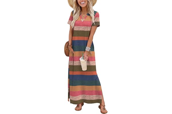 OFEEFAN Summer Dresses for Women 2026 Maxi Dress Short Sleeve Sundresses with Pockets Beach Vacation Spring Outfits