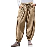 TARSE Womens Baggy Wide Leg Pants Corduroy Casual Drawstring Waist Palazzo Harem Pants with Pockets