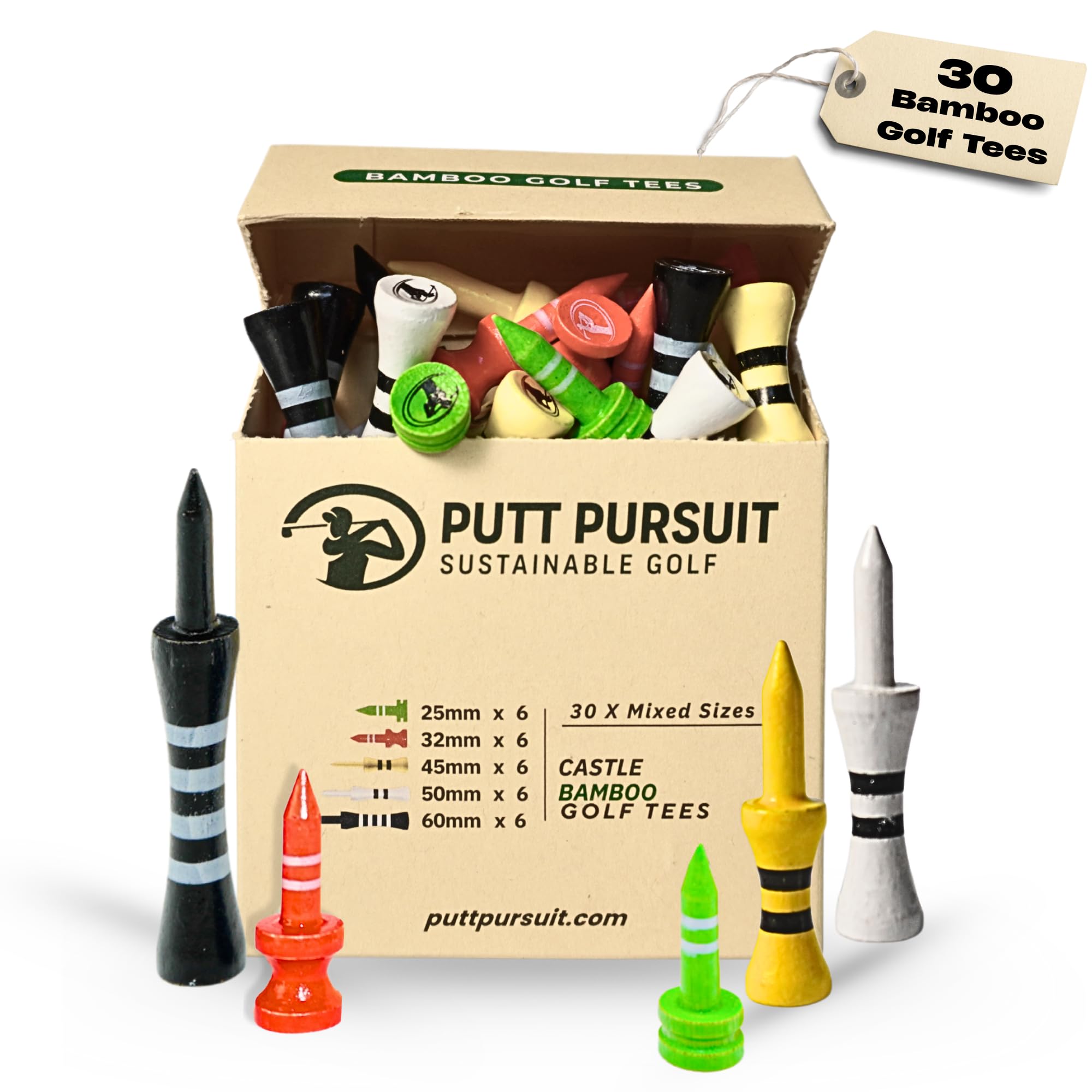 Mixed Castle Bamboo Golf Tees - Biodegradable, Sustainable & Strong Golf Tees Bamboo Material - Golf Accessories - Consistent Ball Height - 30 Multiple Sizes Tees (25mm Green to 60mm Black Colours)