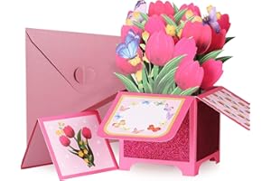 Giiffu 3D Pop Up Mothers Day Card-Pink Tulips Floral GreetingCards, Mothers Day Gift Card, Birthday Flower Cards for Woman, Greeting Gift Cards with Notecard and Envelope for Anniversary,Valetine's Day
