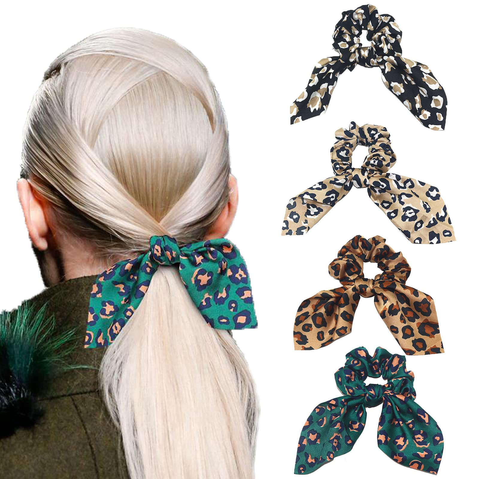 Hair Scrunchies Leopard Print Bow Scrunchy Ponytail Scarf Chiffon Hair Bands for Women and Girls(4 Pcs) (leopard scrunchies)
