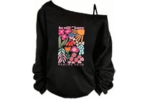 Women’s Off Shoulder Graphic Sweatshirt Be Still Know Print – Casual Loose Fit Long Sleeve Floral Top for Daily Wear