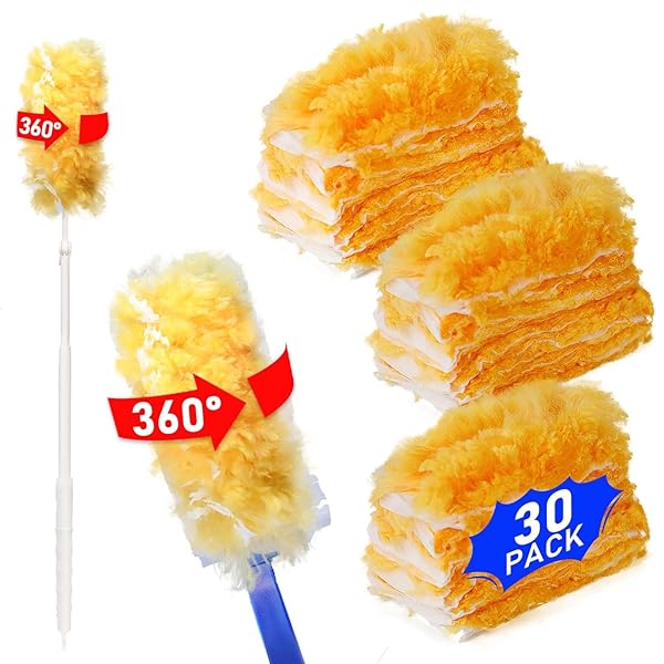 DUSTER REFILLS FOR SWIFFER DUSTERS, MULTI SURFACE 360 DEGREE DUSTERS REFILLS & 2 HANDLE, DISPOSABLE HEAVY DUTY DUSTERS REFILLS FOR CLEANING (30 COUNT + 2 HANDLE, WHITE&ORANGE)