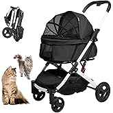 BETSOCCI Pet Stroller for Medium Small Dog & Cat, Foldable Lightweight Dog Stroller with Storage Basket Pet Travel Carriage with Safety Leashes, 4 Wheel, Black
