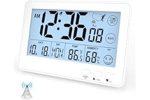 TIMLOON Small Desk Atomic Alarm Clock for Bedroom, Self-Calibrating Time and Date Clock with 4 Time Zone, DST, Temperature, Humidity, Alarm and Snooze for Children's Bedroom, School