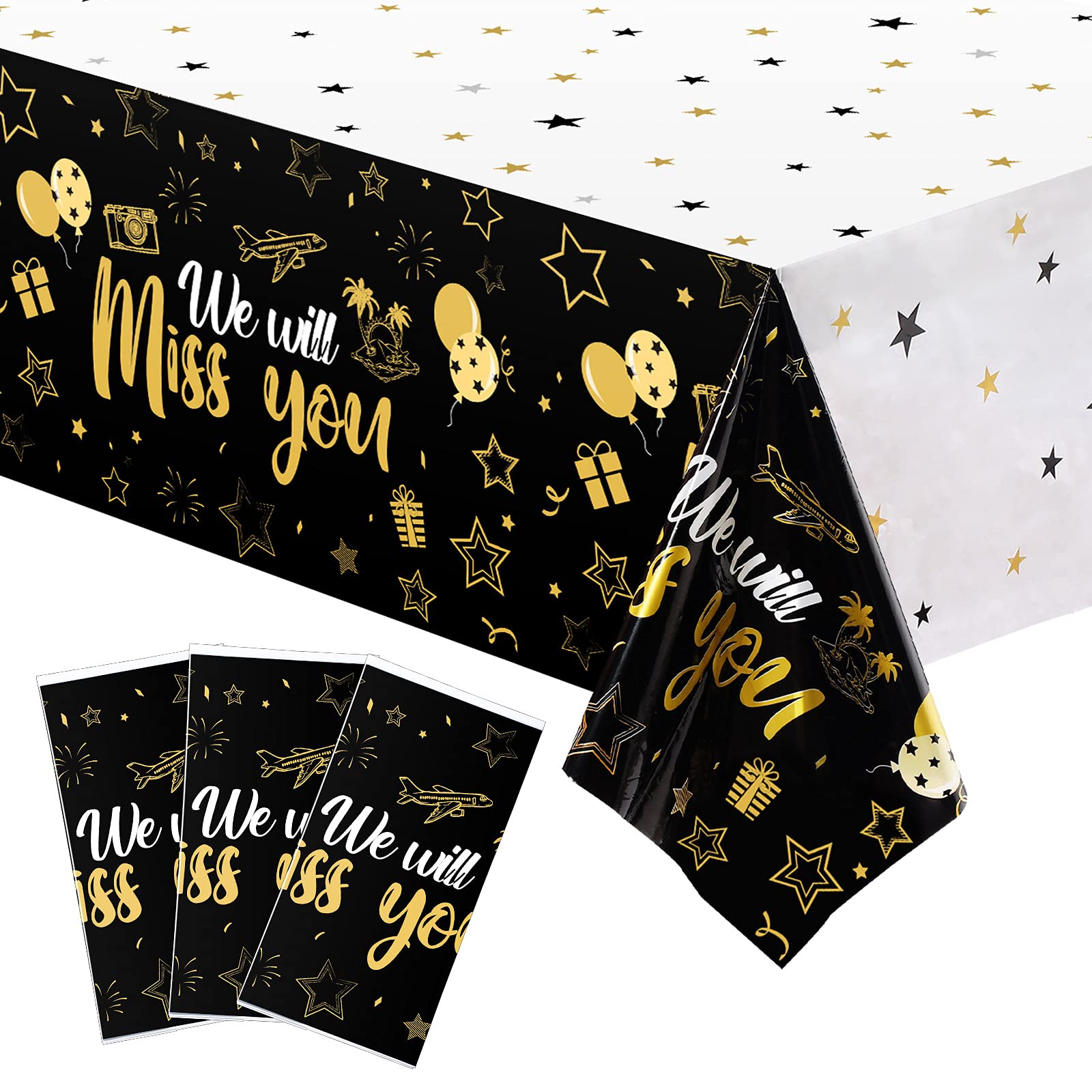 Photo 1 of 3 Pieces We Will Miss You Tablecloth Going Away Party Decorations Retirement Themed Table Cover Stars Disposable Plastic Table Cloth for Farewell Anniversary Party Supplies (Black and Gold)